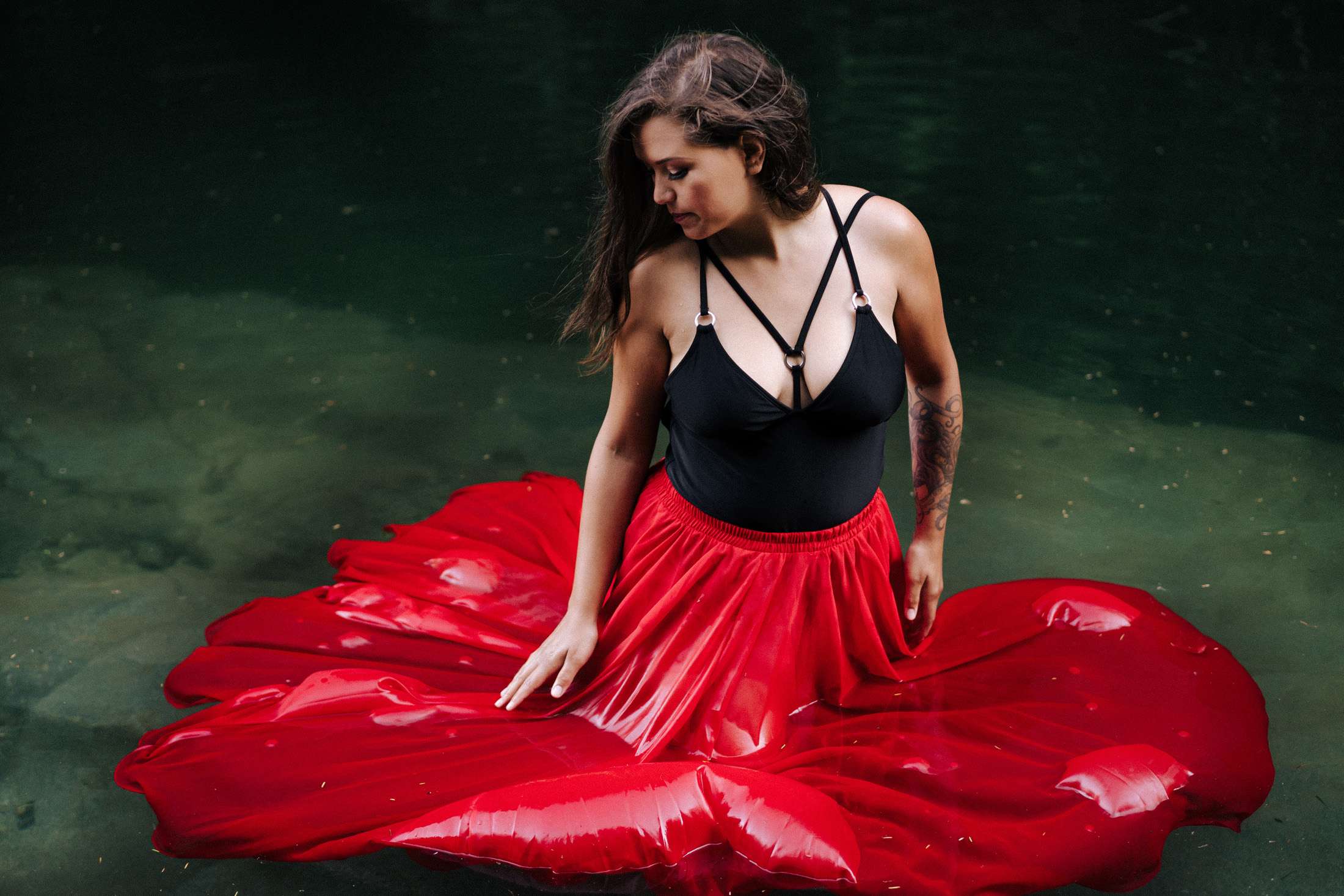 long flowing red skirt boudoir outfit